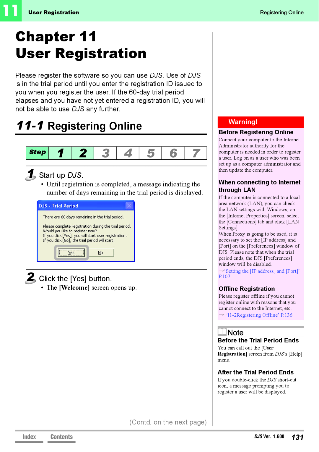 Pioneer SVJ-DS01D Chapter User Registration, Registering Online, Start up DJS, Click the Yes button, Step, Index, Contents 