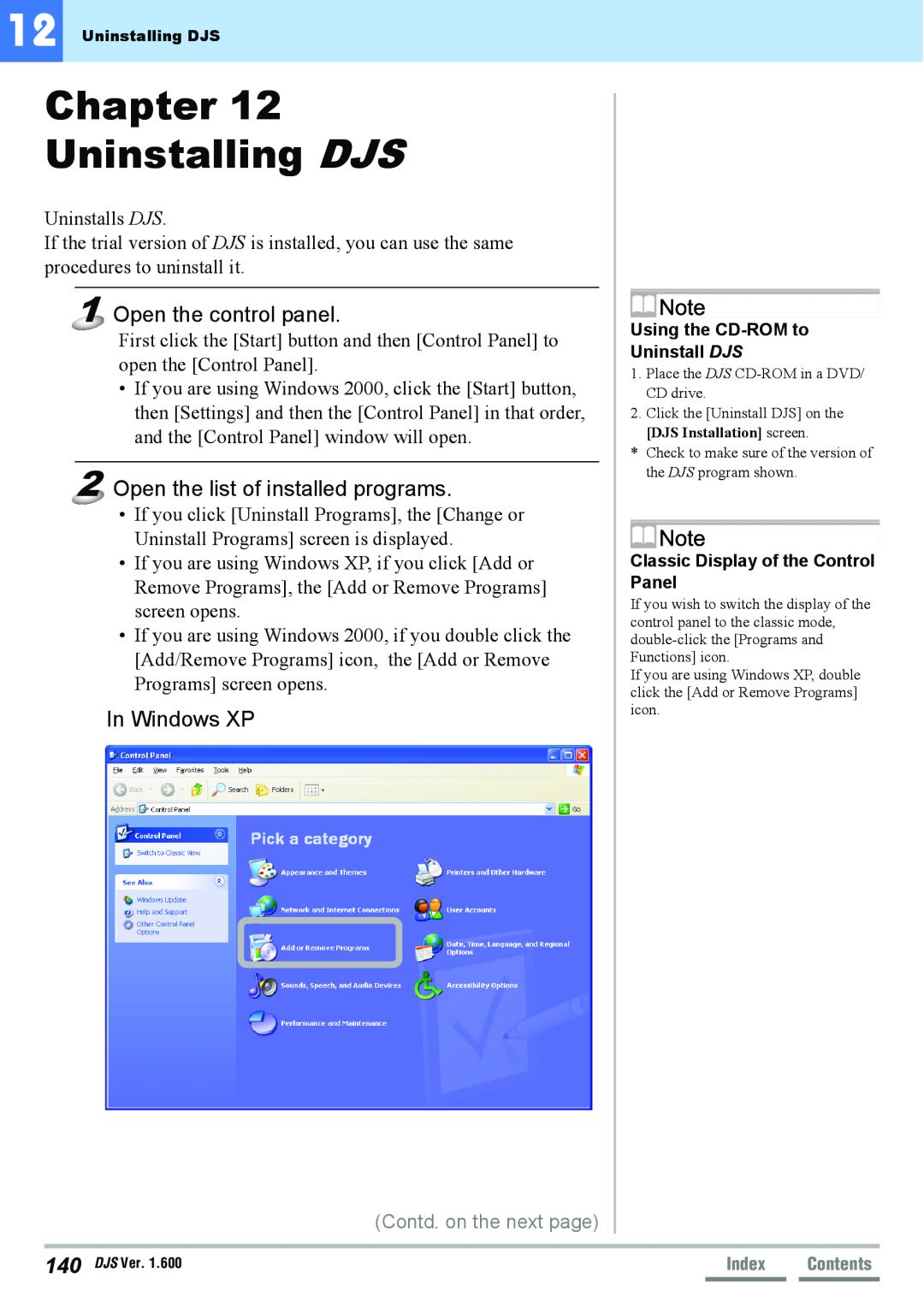 Pioneer SVJ-DL01 Chapter Uninstalling DJS, Open the control panel, Open the list of installed programs, In Windows XP 