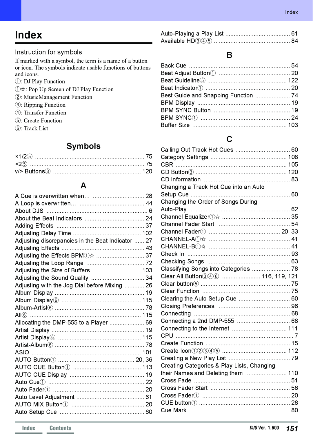 Pioneer SVJ-DS01D, SVJ-DL01D manual Index, Symbols, Instruction for symbols 