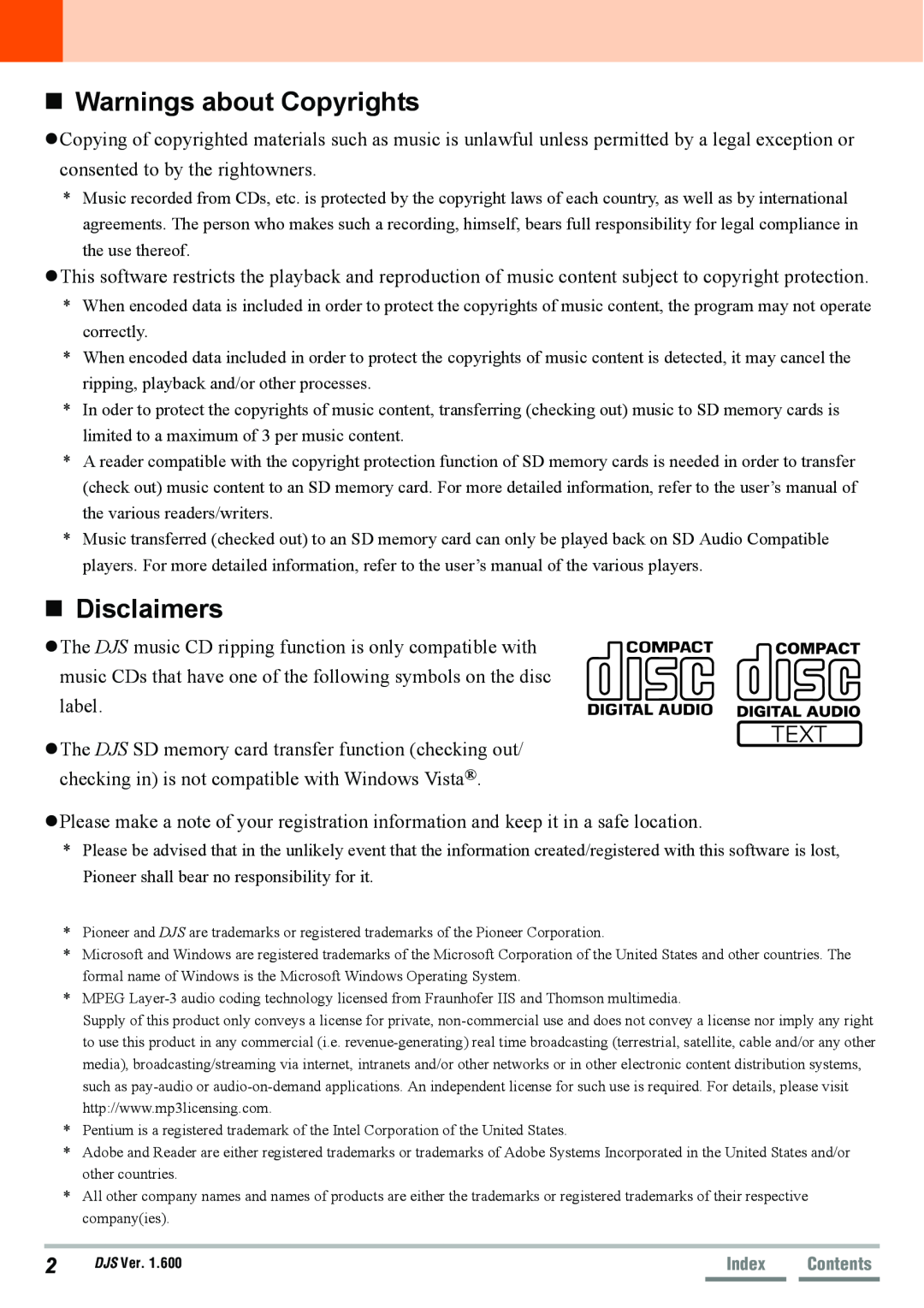 Pioneer SVJ-DL01D, SVJ-DS01D manual „Warnings about Copyrights, „Disclaimers, Index 