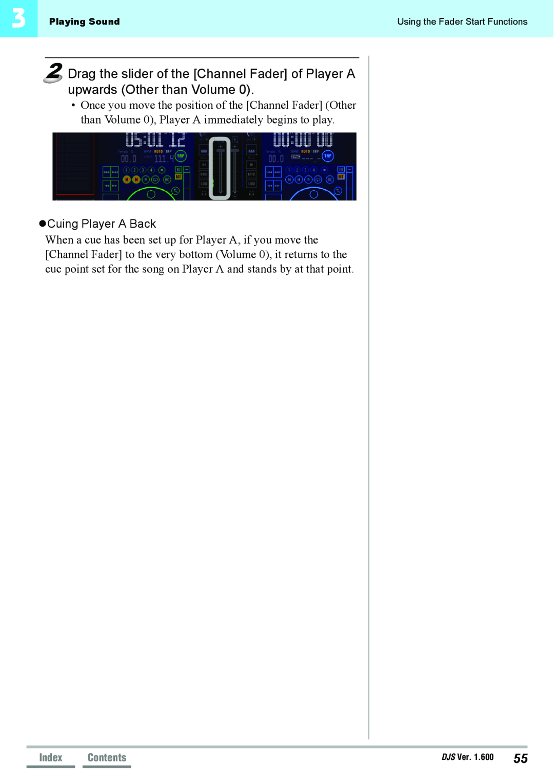 Pioneer SVJ-DS01D, SVJ-DL01D manual Cuing Player A Back, Index, Contents, Playing Sound, DJS Ver 