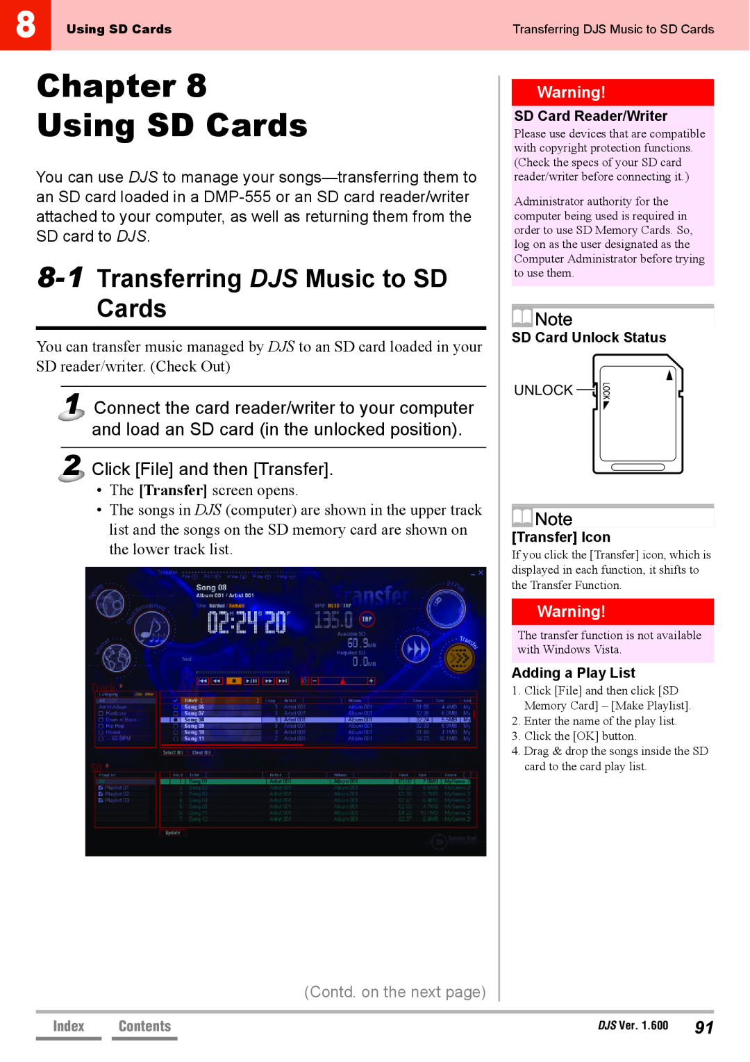 Pioneer SVJ-DS01D, SVJ-DL01 manual Chapter Using SD Cards, Transferring DJS Music to SD Cards, Click File and then Transfer 