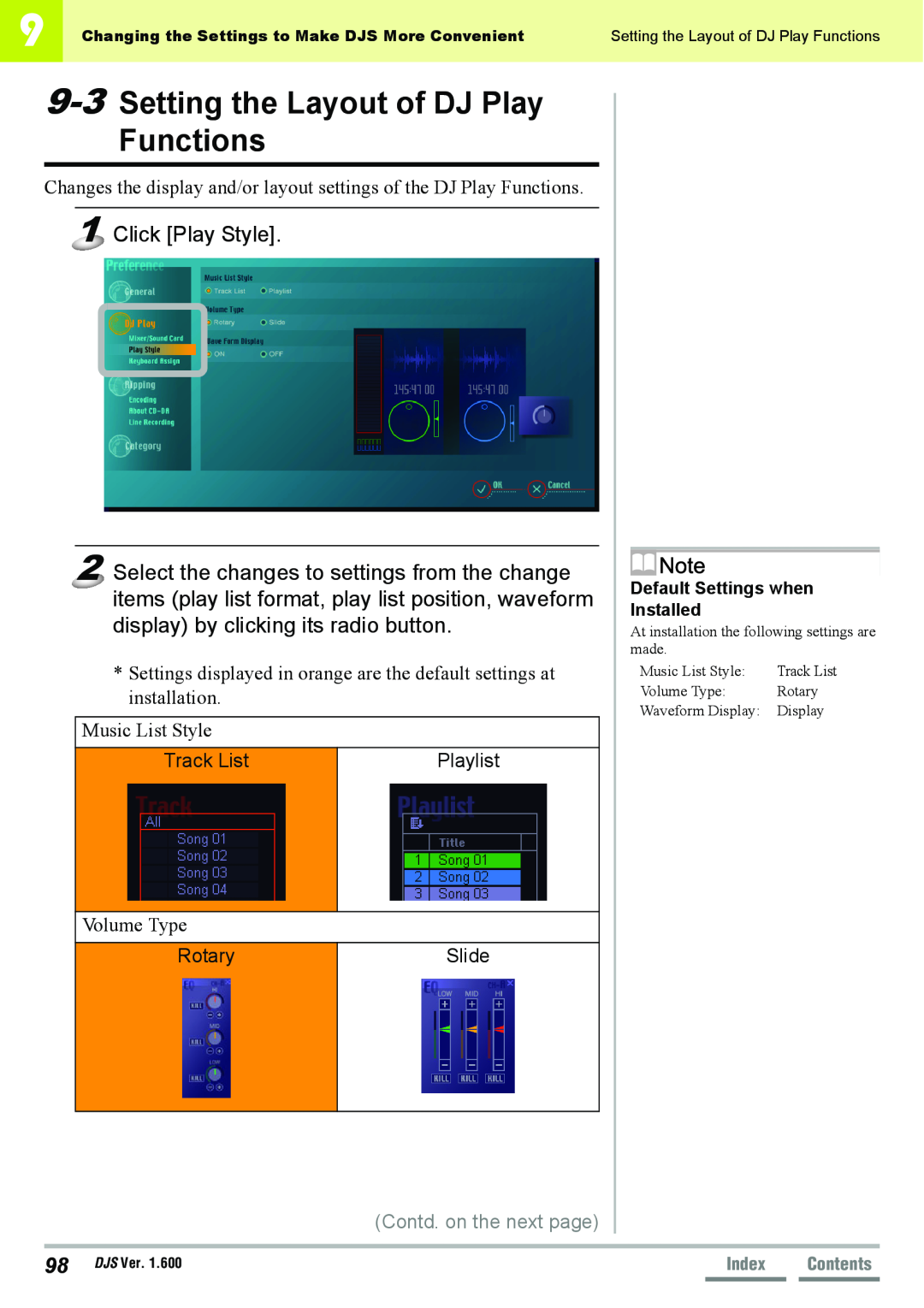 Pioneer SVJ-DS01 Setting the Layout of DJ Play Functions, Click Play Style, Track List, Playlist, Rotary, Slide, Index 