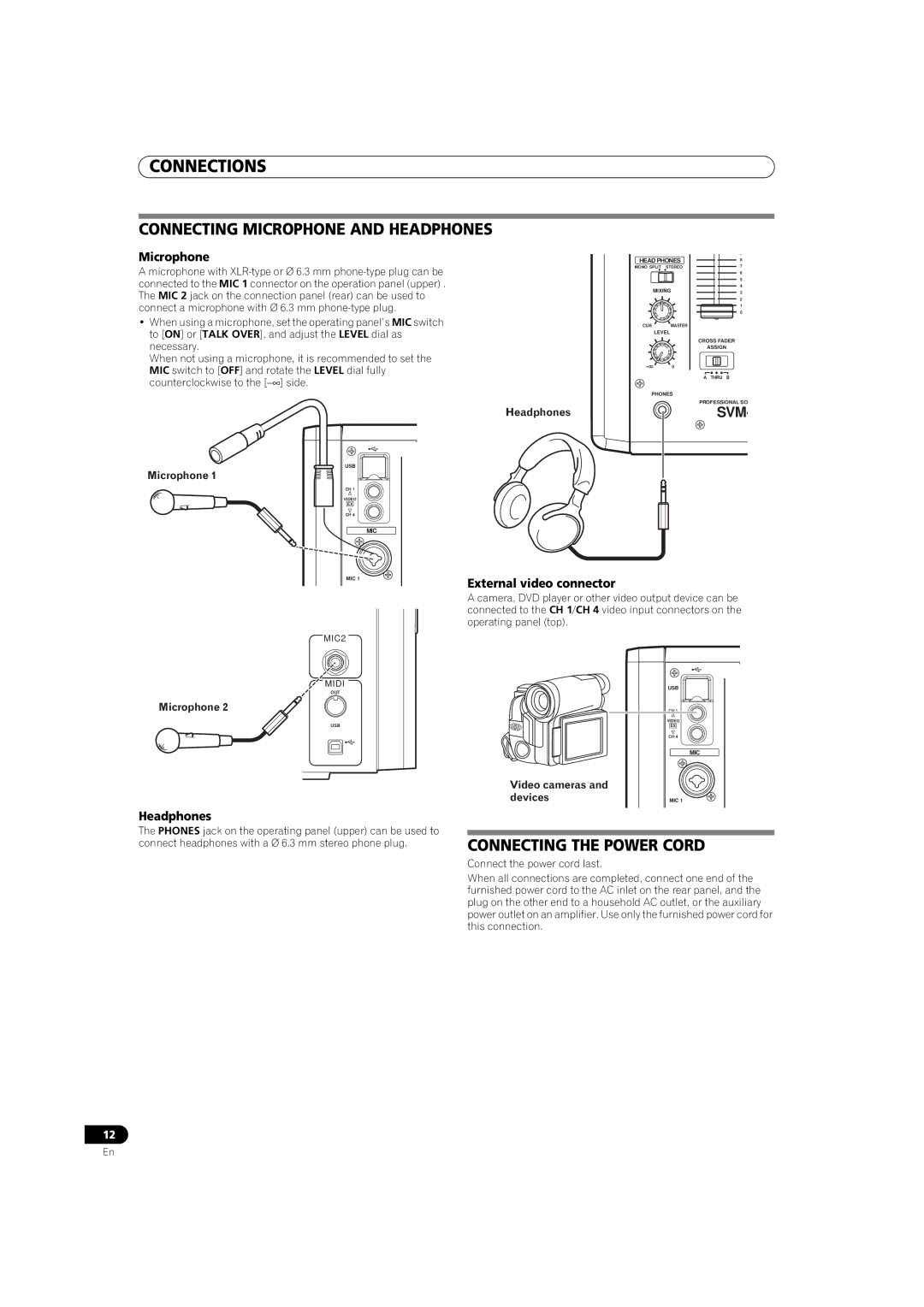 Pioneer SVM-1000 Connecting Microphone and Headphones, Connecting the Power Cord, External video connector 