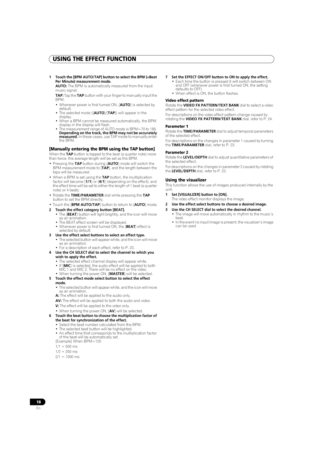 Pioneer SVM-1000 Manually entering the BPM using the TAP button, Using the visualizer, Video effect pattern, Parameter 