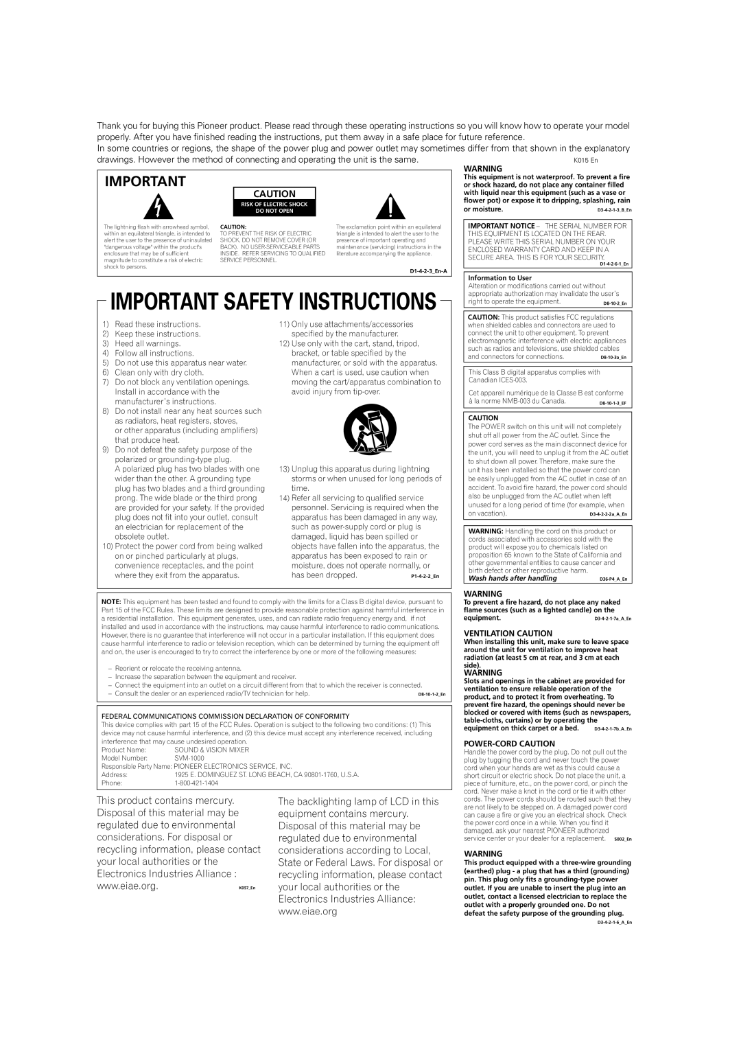 Pioneer SVM-1000 operating instructions Ventilation Caution, POWER-CORD Caution 