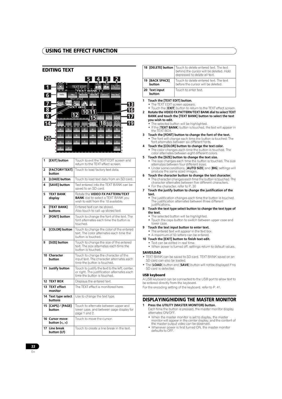 Pioneer SVM-1000 operating instructions DISPLAYING/HIDING the Master Monitor, USB keyboard, Text BOX, Caps, Back Space 