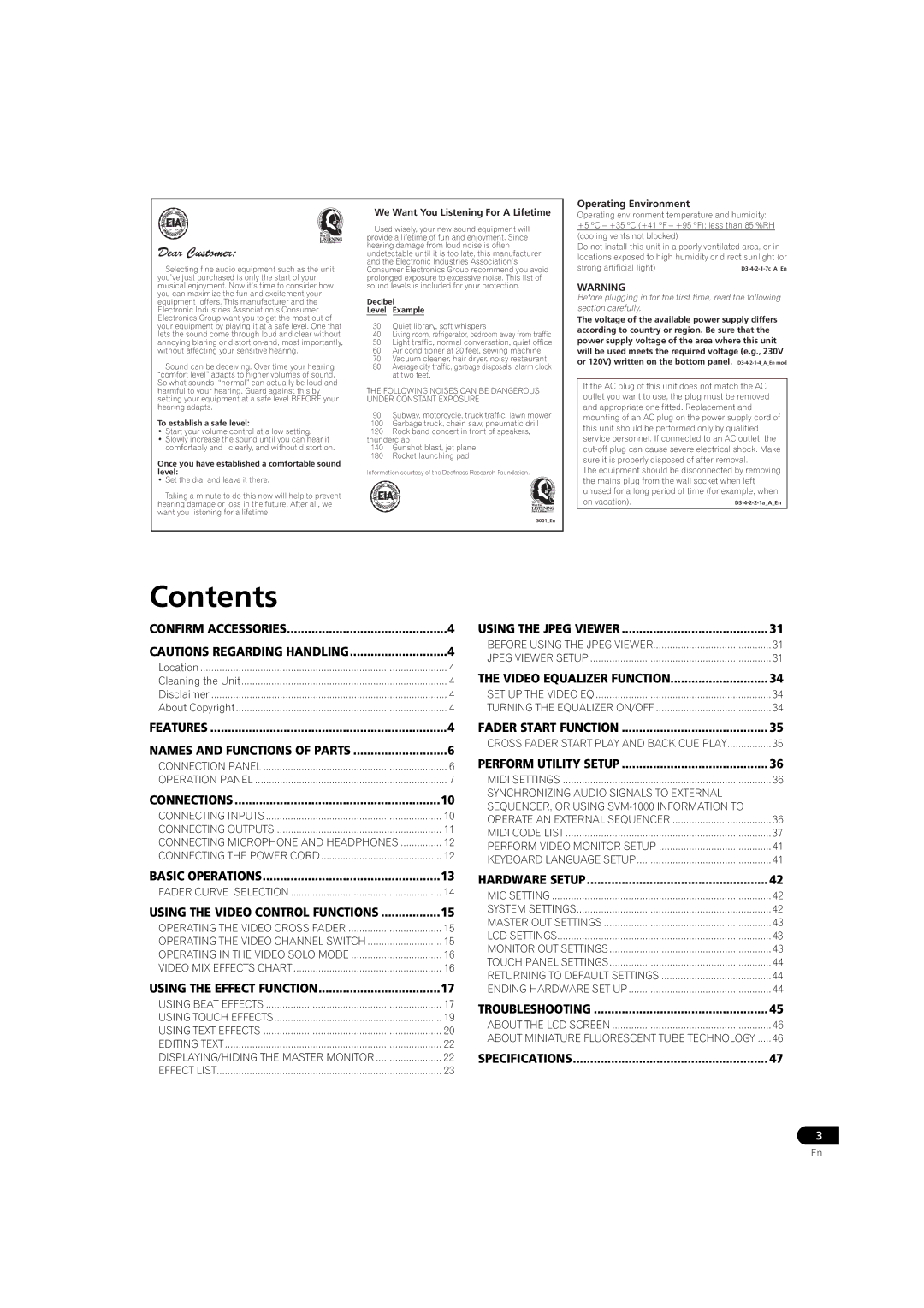 Pioneer SVM-1000 operating instructions Contents 