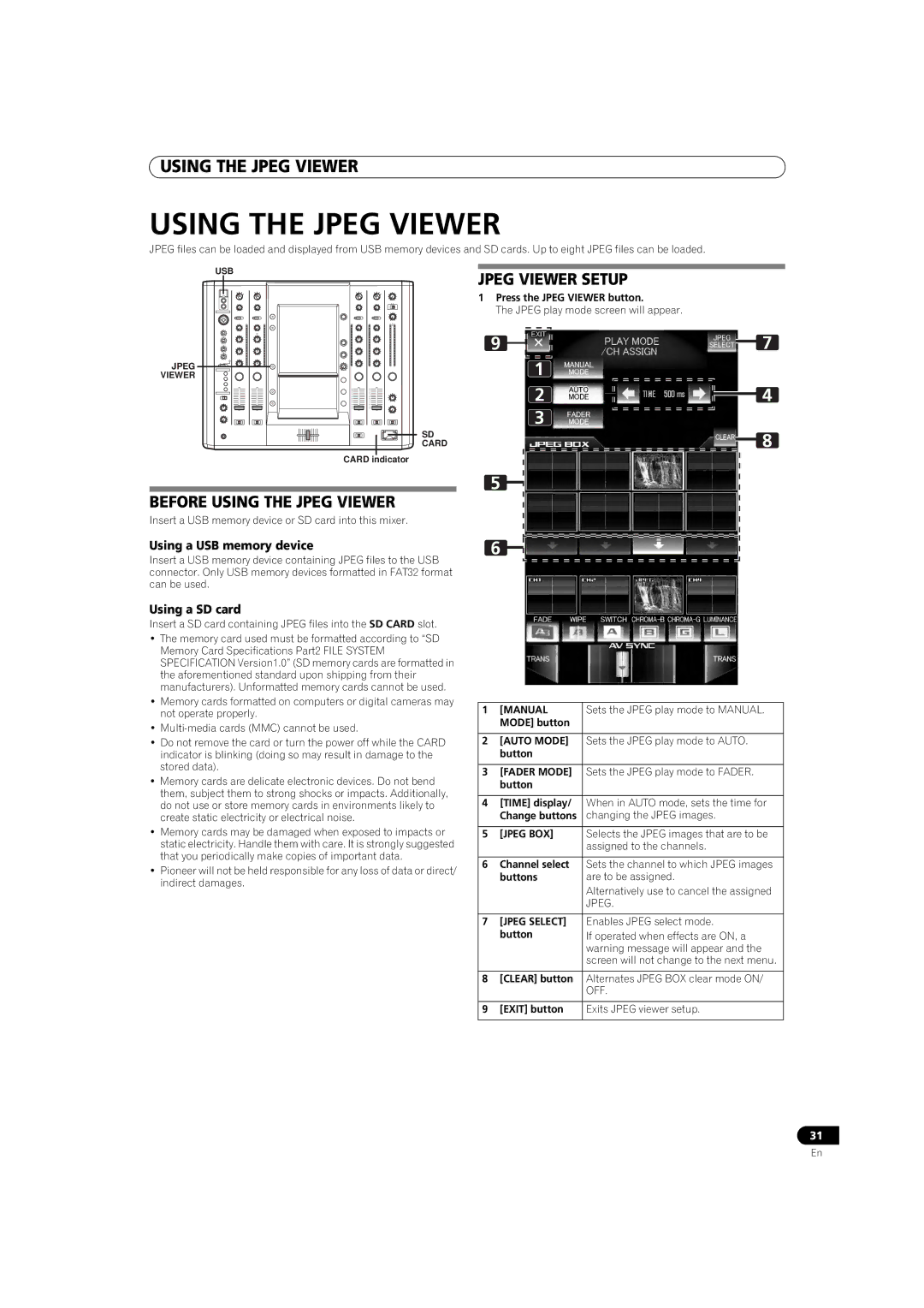 Pioneer SVM-1000 Before Using the Jpeg Viewer, Jpeg Viewer Setup, Using a USB memory device, Using a SD card 