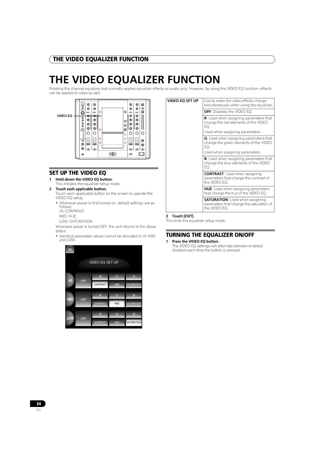 Pioneer SVM-1000 Video Equalizer Function, SET UP the Video EQ, Turning the Equalizer ON/OFF, Touch Exit 