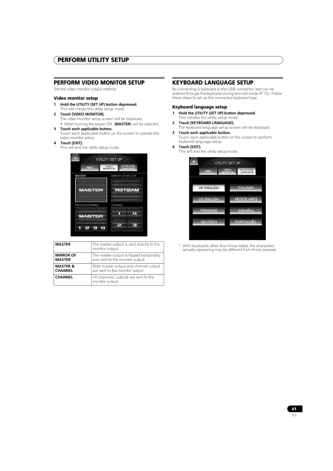 Pioneer SVM-1000 Perform Video Monitor Setup, Keyboard Language Setup, Video monitor setup, Keyboard language setup 