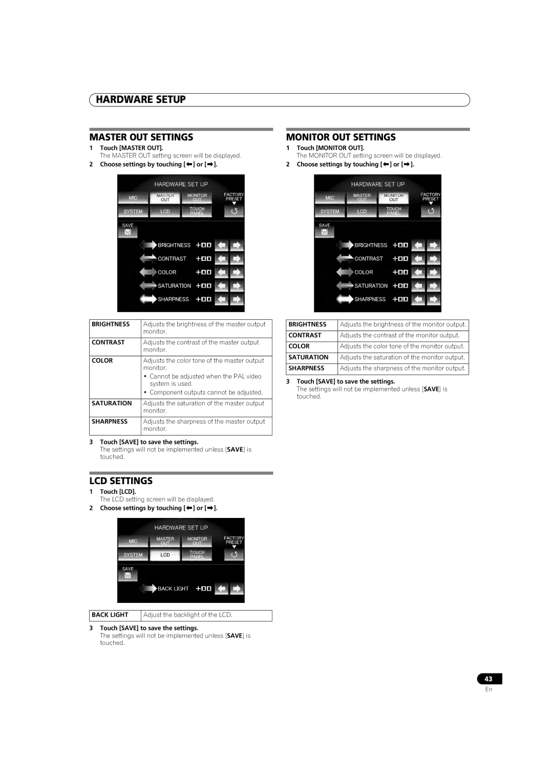 Pioneer SVM-1000 operating instructions Master OUT Settings, Monitor OUT Settings, LCD Settings 