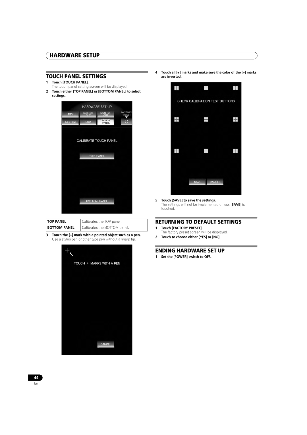 Pioneer SVM-1000 Touch Panel Settings, Returning to Default Settings, Ending Hardware SET UP, TOP Panel, Bottom Panel 