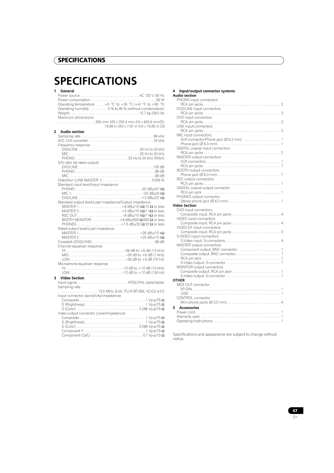 Pioneer SVM-1000 operating instructions Specifications, Other 