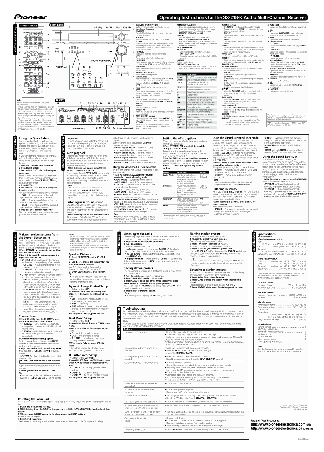 Pioneer sx-218-k operating instructions Using the Quick Setup, Auto playback, Listening in surround sound, Specifications 