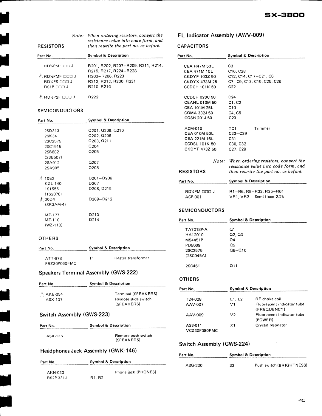 Pioneer SX-3800 manual FL IndicatorAssemblyAWV-009, SpeakersTerminalAssemblytGWS-222, SwitchAssemblytGWS-223 