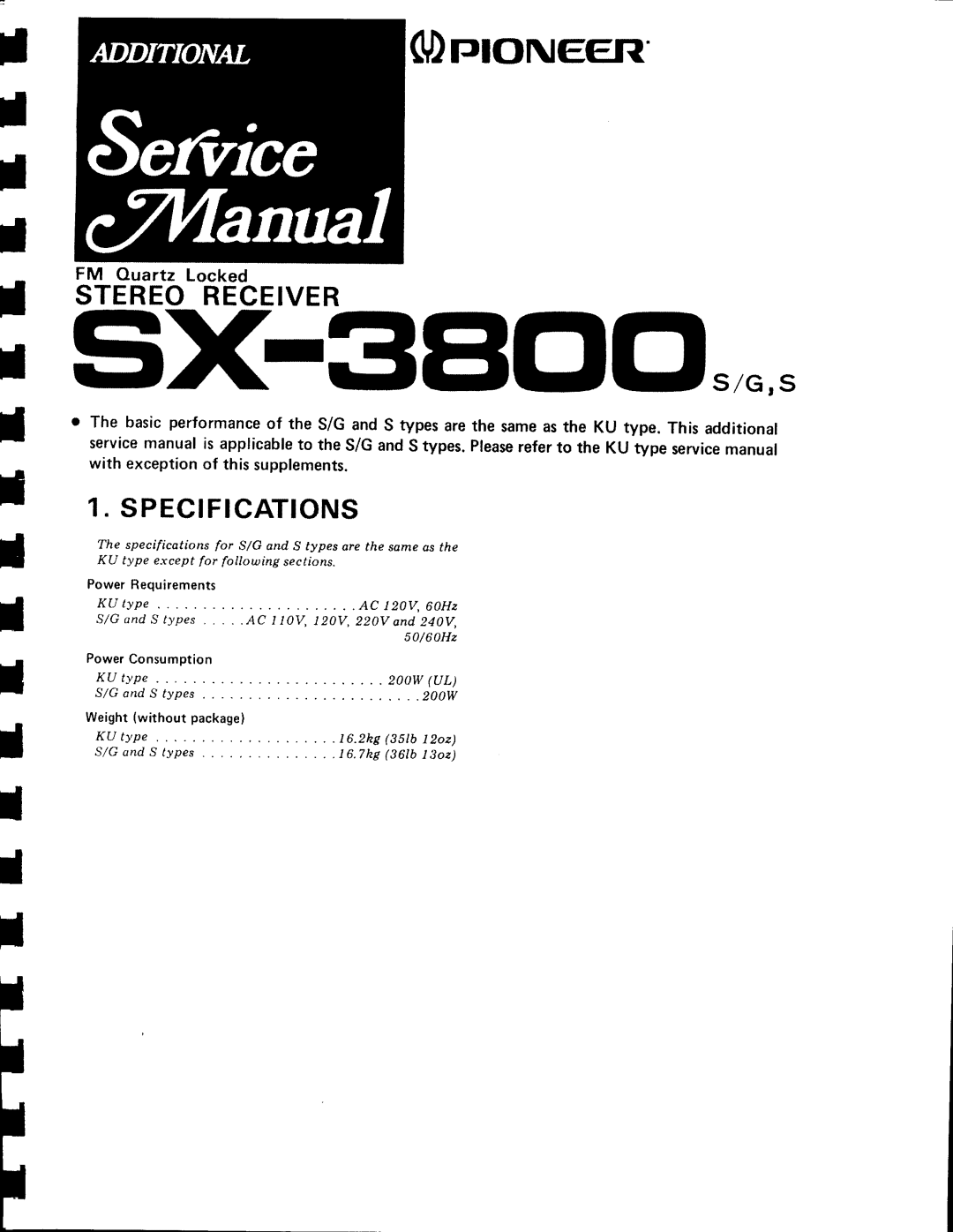 Pioneer SX-3800 manual siFSgoos,c,s, $rrroN€Err, Stereoreceiver, S P E C F I C A T I O N S, FM Ouartz Locked 