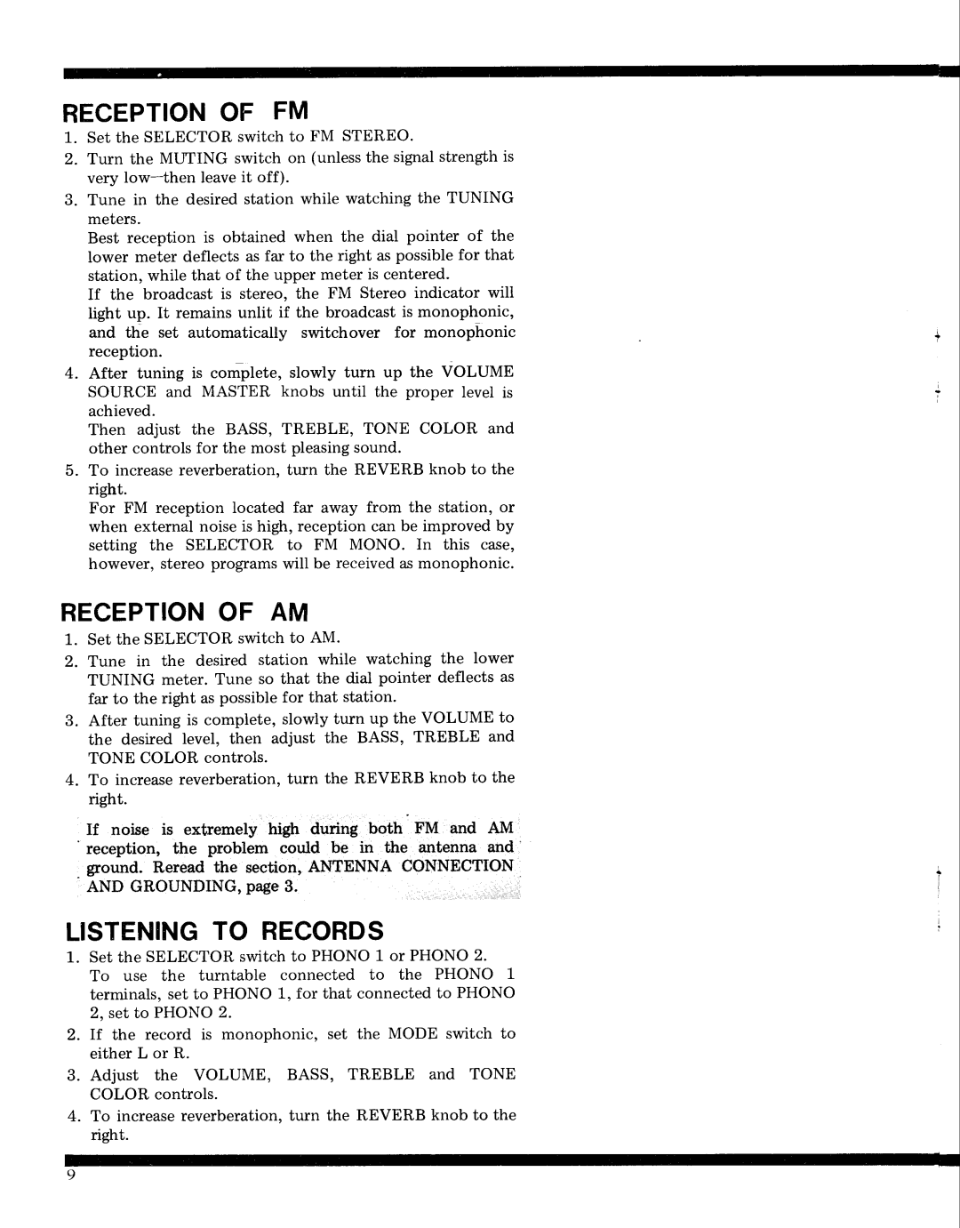 Pioneer SX-9000 service manual Receptionof FM, Receptionof AM, Listeningto Records 