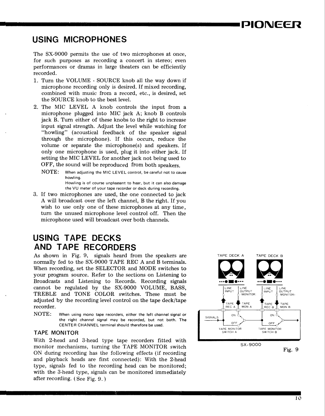 Pioneer SX-9000 service manual Usingmicrophones, Usingtape Decks Tape Recorders, 9 0 0 