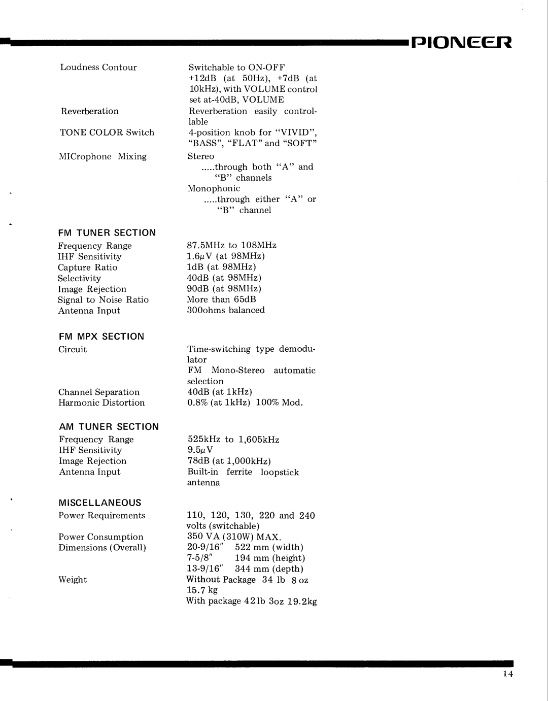 Pioneer SX-9000 service manual T U N E R S E C T I O N, S C E L L a N E O U S Power Requirements 