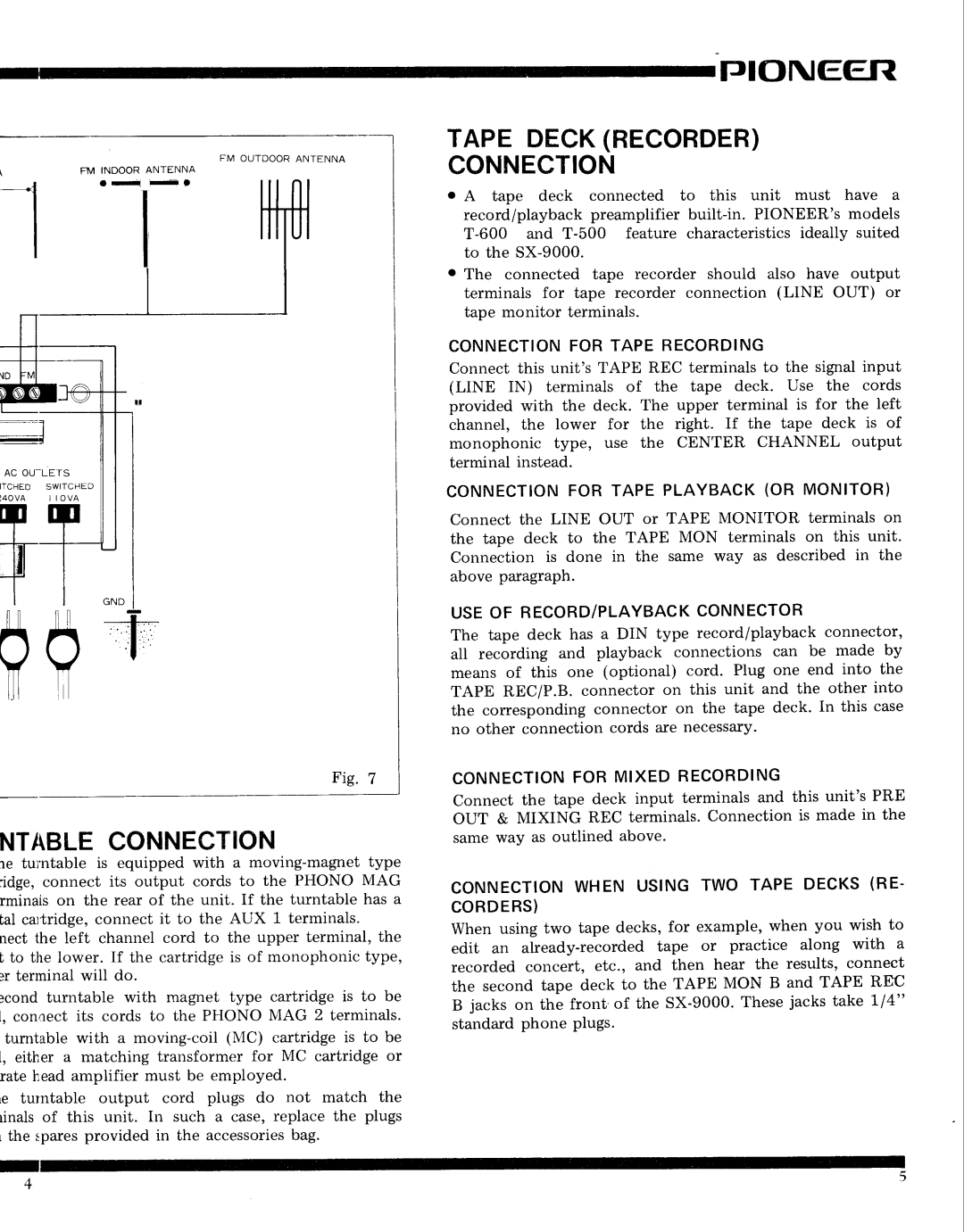 Pioneer SX-9000 service manual Ntableconnection, Tape Deckrecorder Connection 