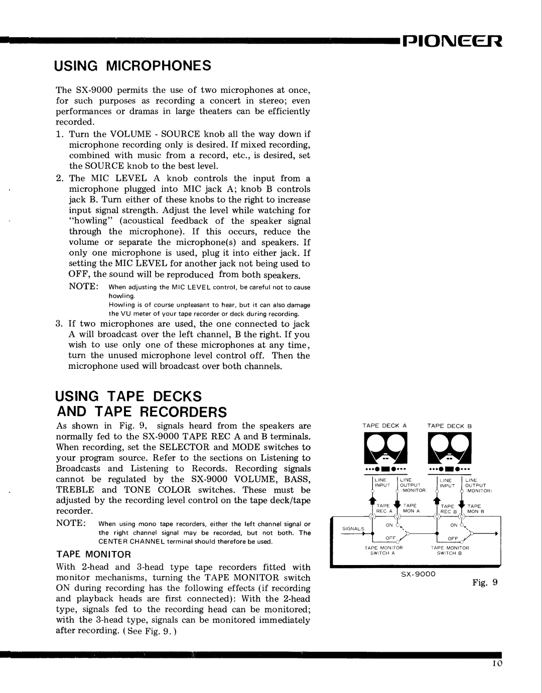 Pioneer SX-9000 service manual TJIONEEfiI, Usingmicrophones, Usingtape Decks And Tape Recorders 
