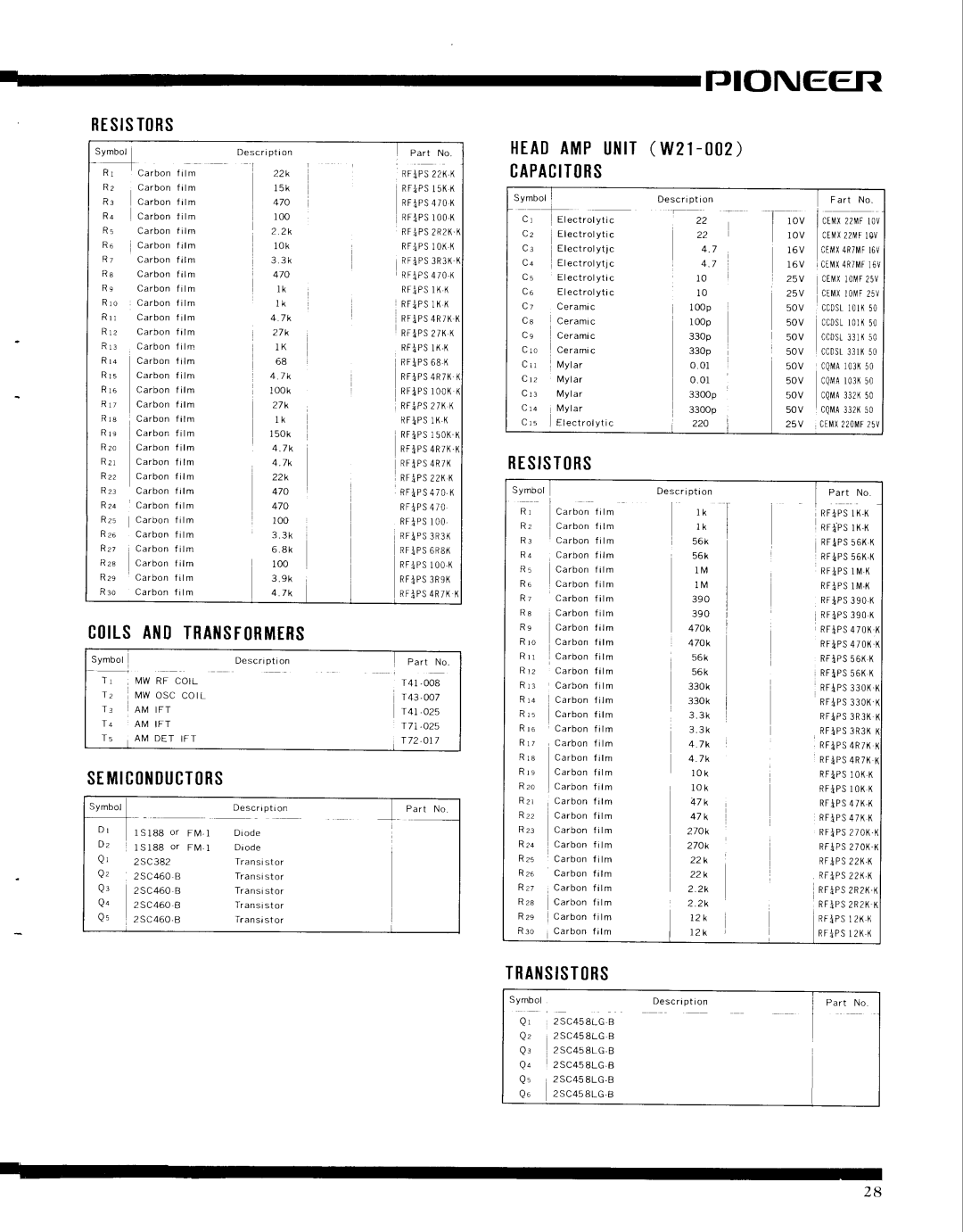 Pioneer SX-9000 Tjioneer, st Mtc0ilDUcT0Rs, RESISTtRS, HEADAMPUlllT W2l- CAPACITlRS, Ct|ILSANITRAISFRMtRS, Transistrs 