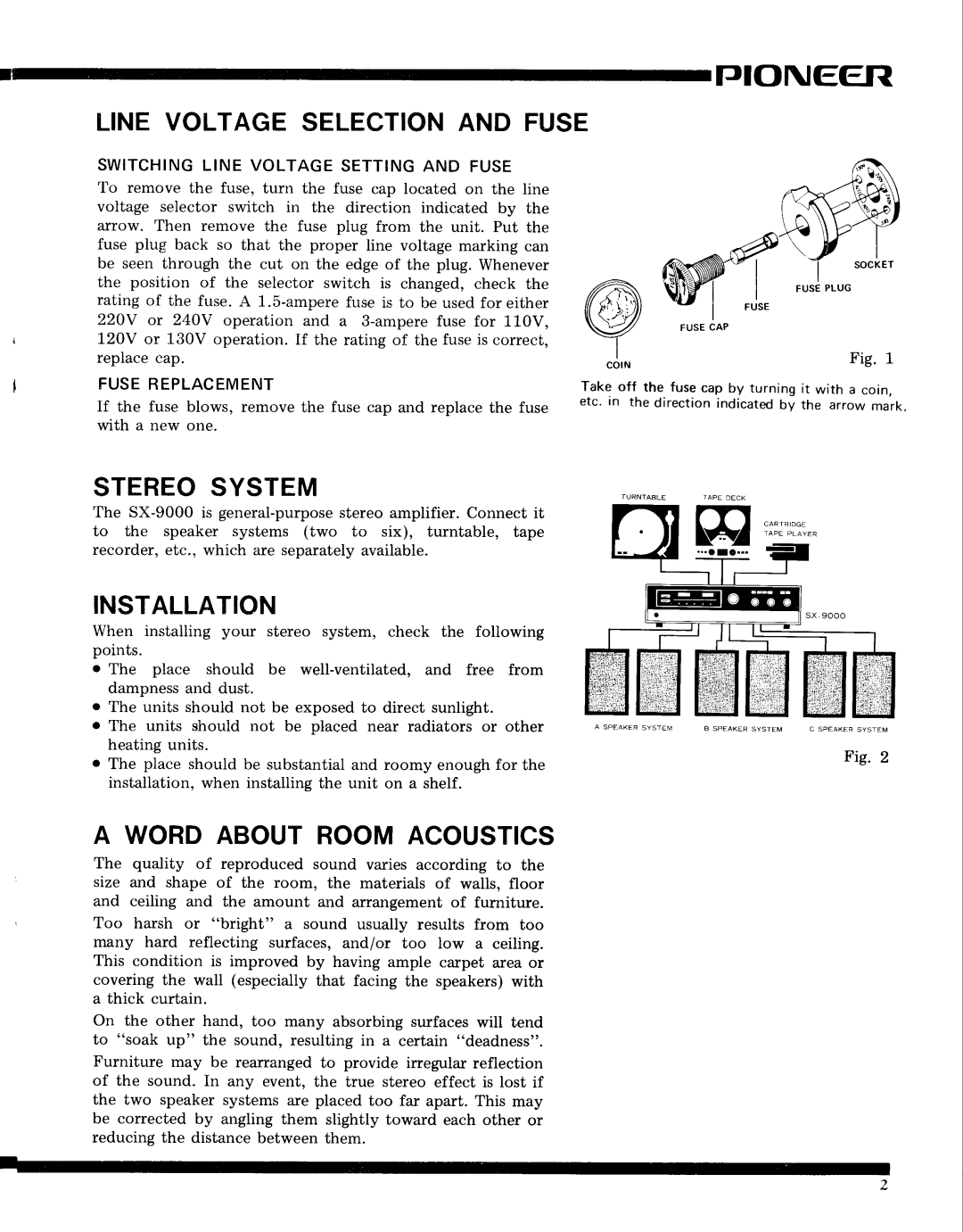 Pioneer SX-9000 service manual Tjtoneer, Linevoltageselectionand Fuse, Stereosystem, Installation, A Wordaboutroomacoustics 