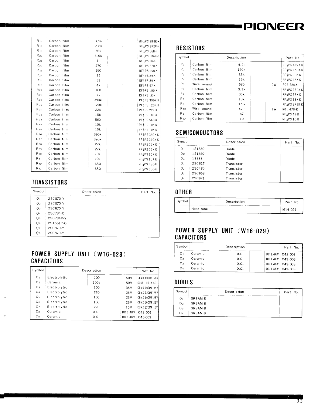 Pioneer SX-9000 service manual PtNEefil, R T S I S T R S, SEMICIIIlUCTtRS, T R A N S I S T R S, tTHER, Iides 