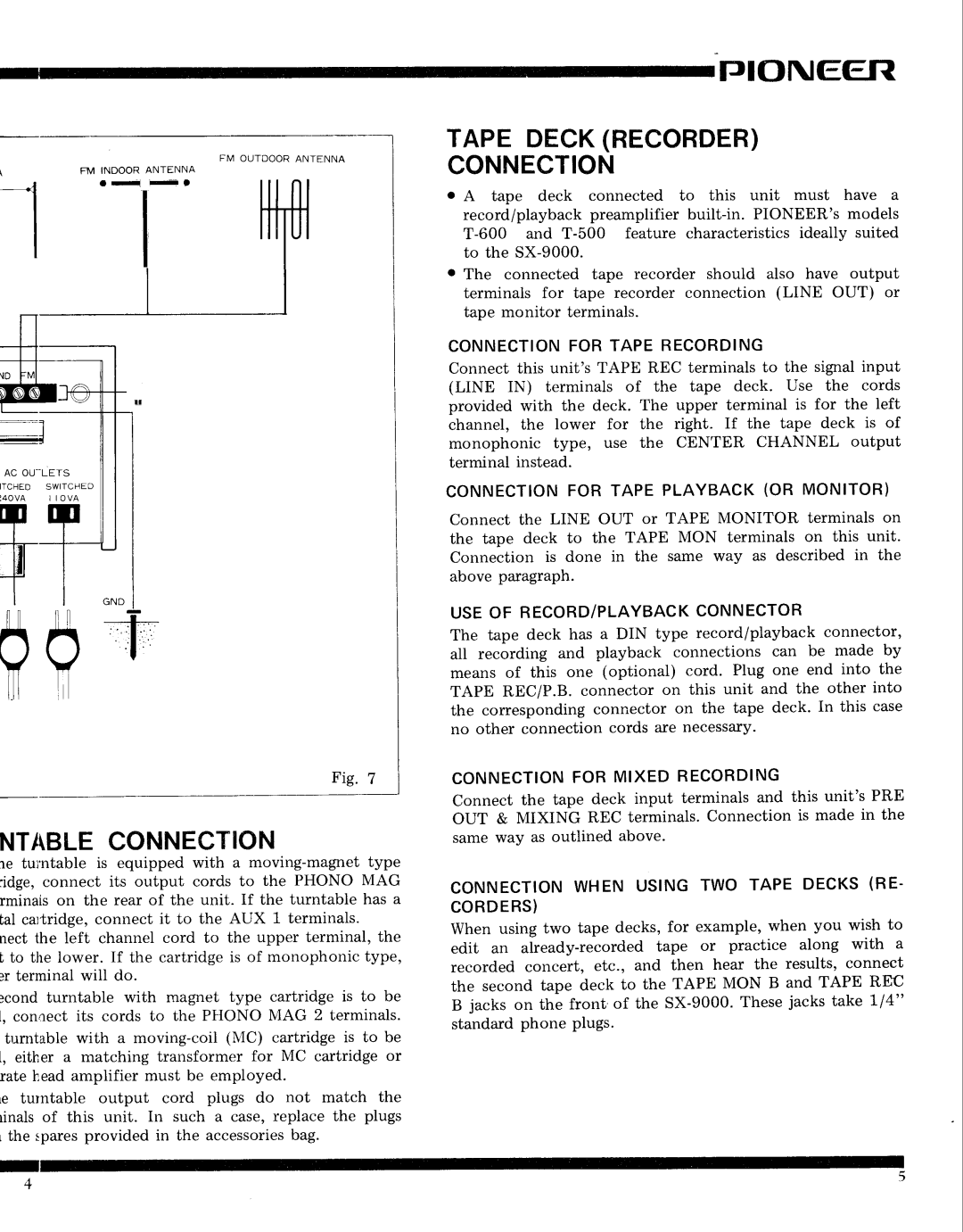 Pioneer SX-9000 service manual Pineer, Ntableconnection, Tape Deckrecorder Connection 