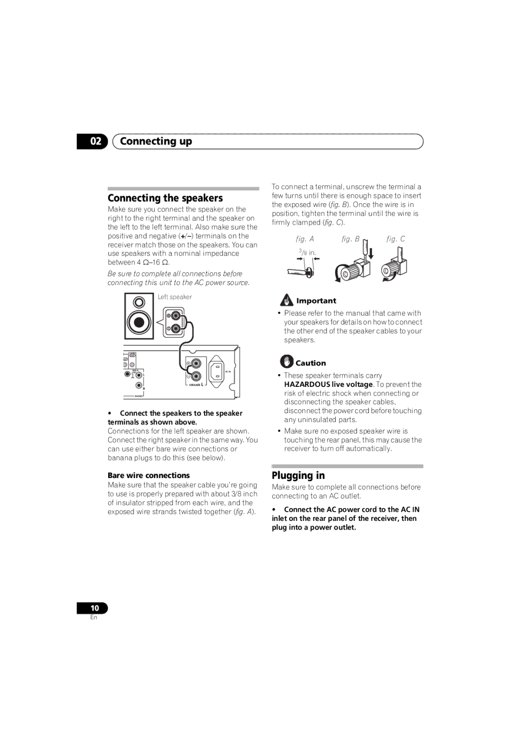 Pioneer SX-A6-J manual Connecting up Connecting the speakers, Plugging, Bare wire connections 