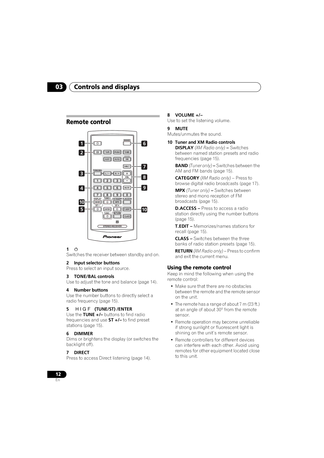 Pioneer SX-A6-J manual Controls and displays Remote control, Using the remote control, Dimmer 