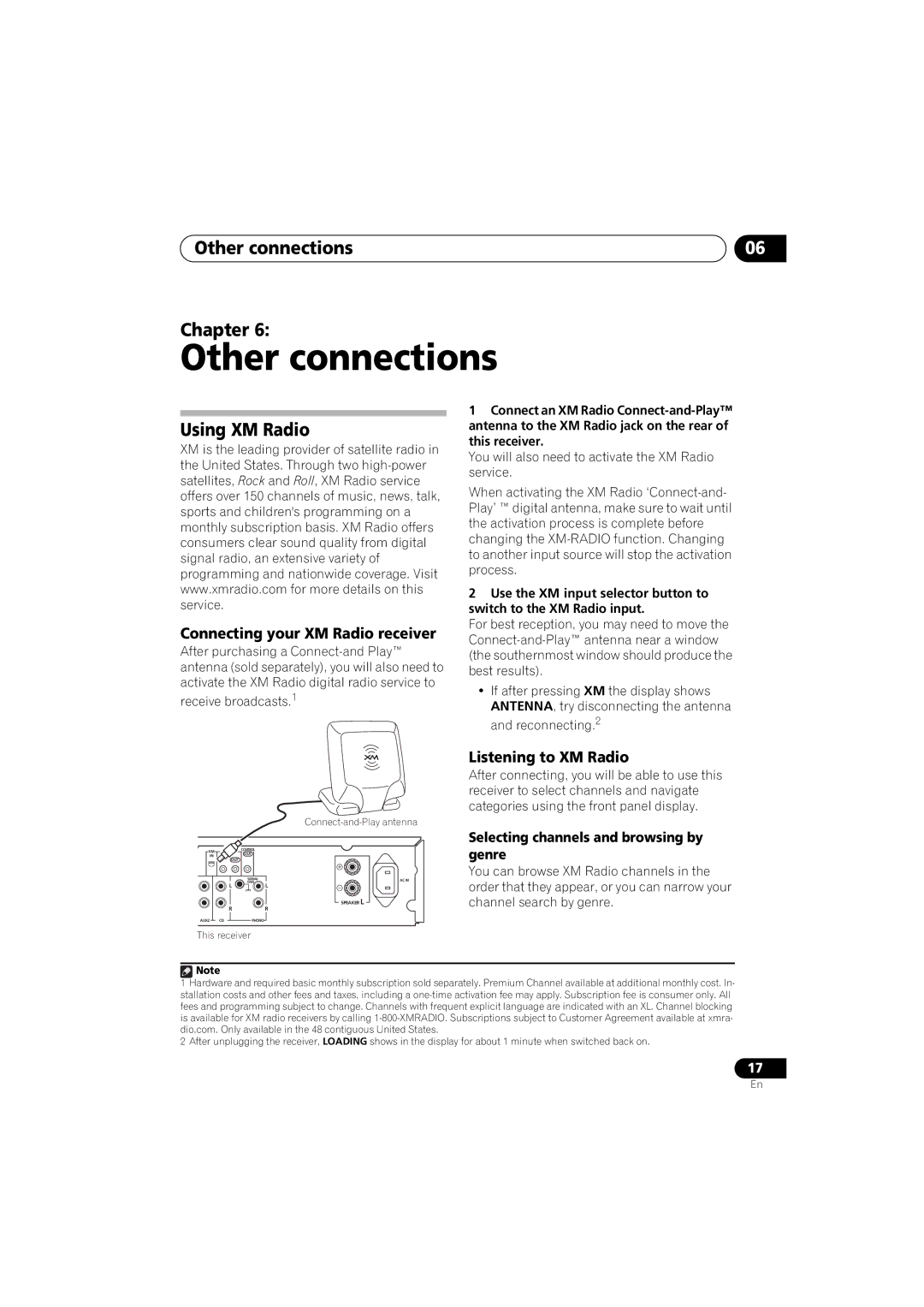 Pioneer SX-A6-J Other connections Chapter, Using XM Radio, Connecting your XM Radio receiver, Listening to XM Radio 