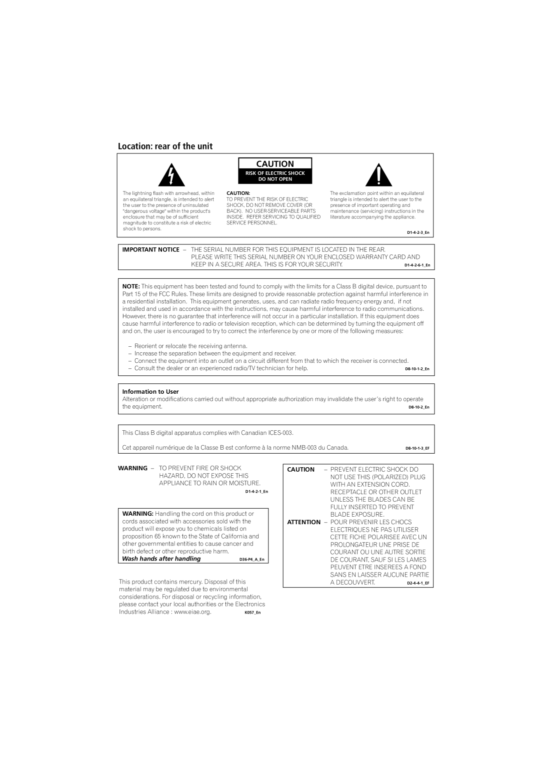 Pioneer SX-A6-J manual Location rear of the unit, Risk of Electric Shock Do not Open 