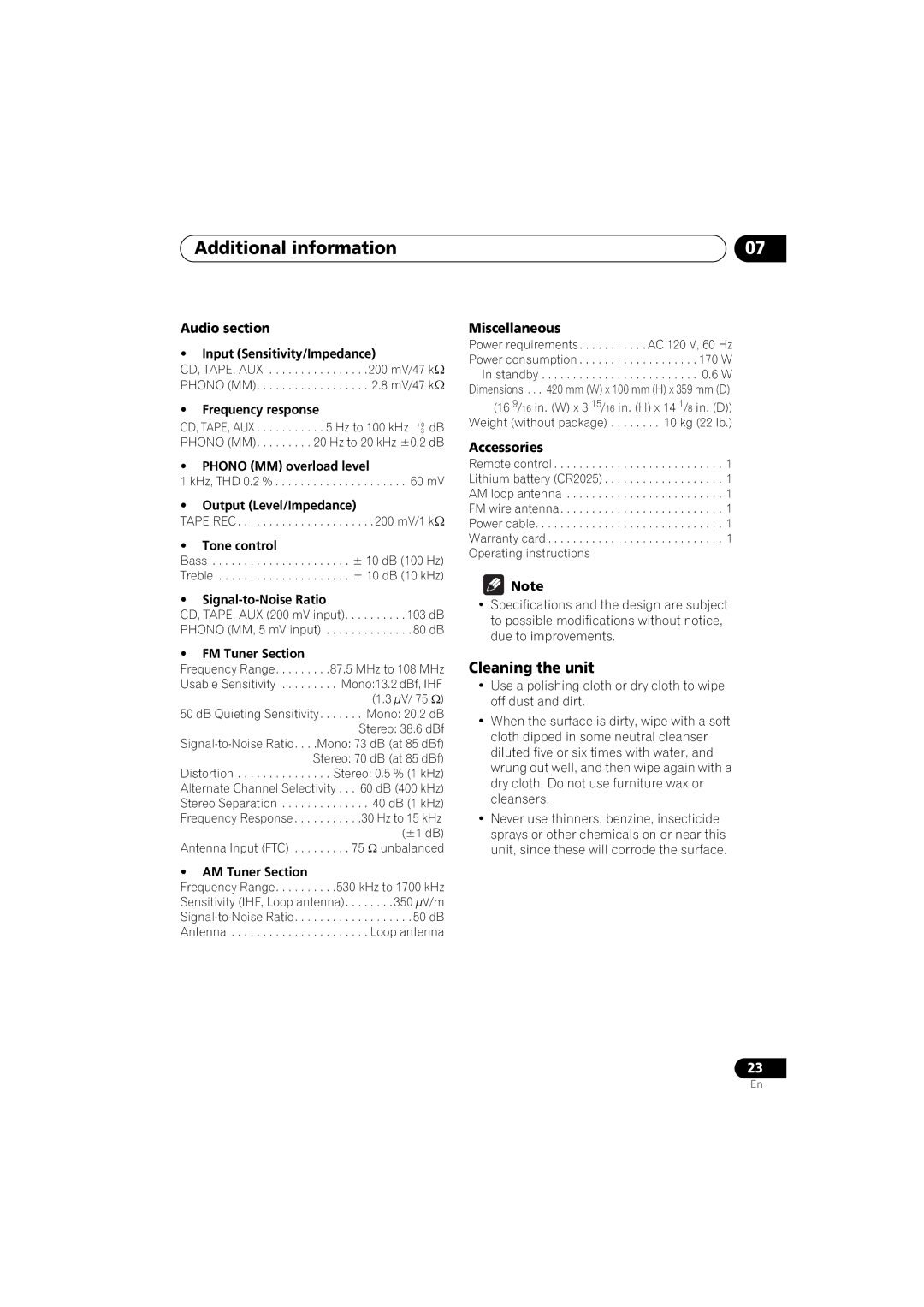 Pioneer SX-A6-J manual Cleaning the unit, Audio section, Miscellaneous, Accessories 