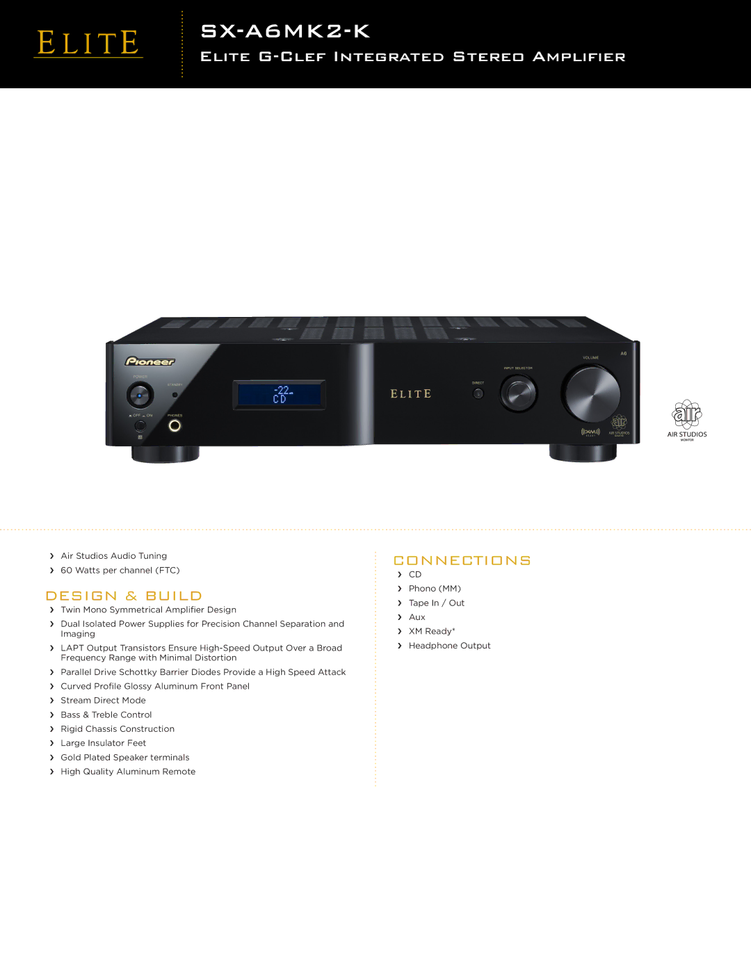 Pioneer SX-A6MK2-K manual Elite G-CLEF Integrated Stereo Amplifier, Design & Build, Connections 