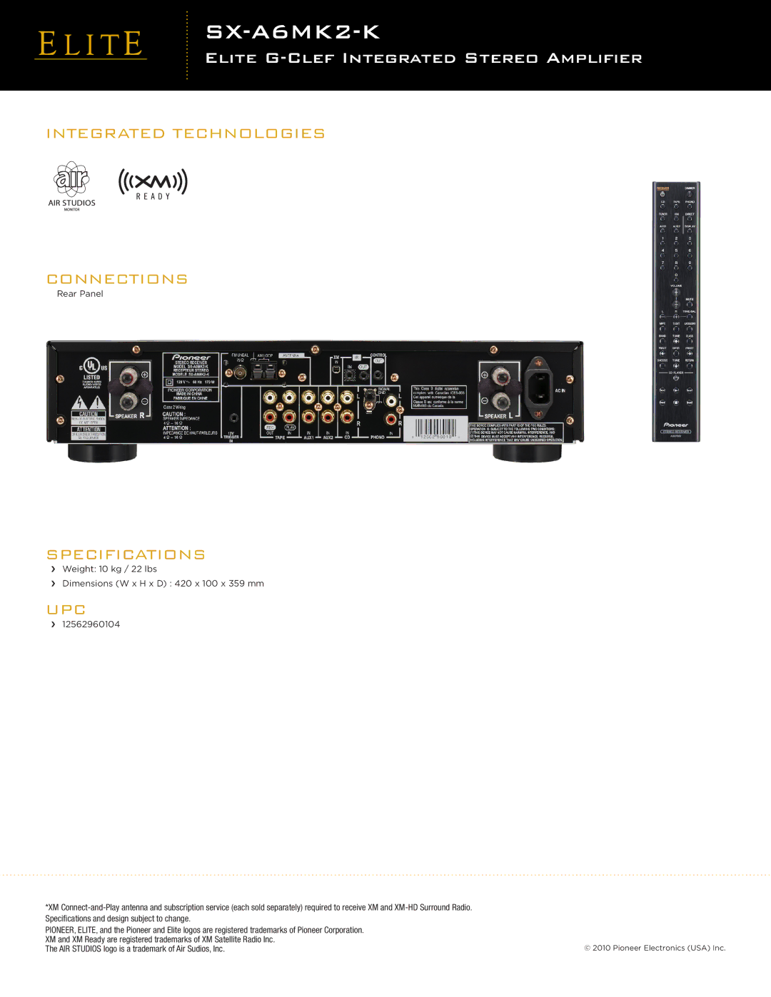 Pioneer SX-A6MK2-K manual Integrated Technologies Connections, Specifications, Upc 