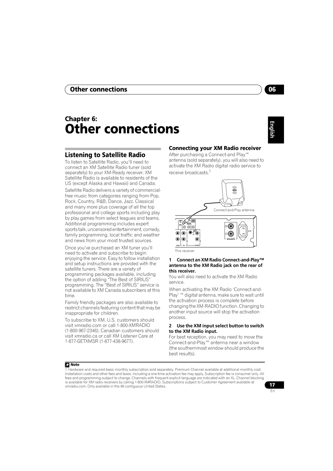 Pioneer SX-A6MK2-K Other connections Chapter, Listening to Satellite Radio, Connecting your XM Radio receiver 