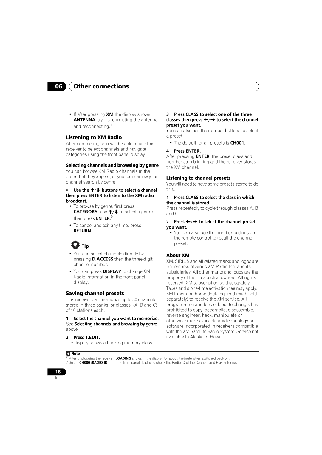 Pioneer SX-A6MK2-K operating instructions Other connections, Listening to XM Radio, Saving channel presets 