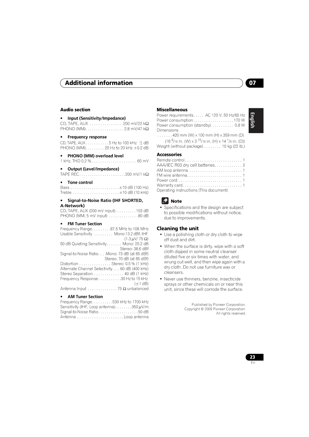 Pioneer SX-A6MK2-K operating instructions Cleaning the unit, Audio section, Miscellaneous, Accessories 