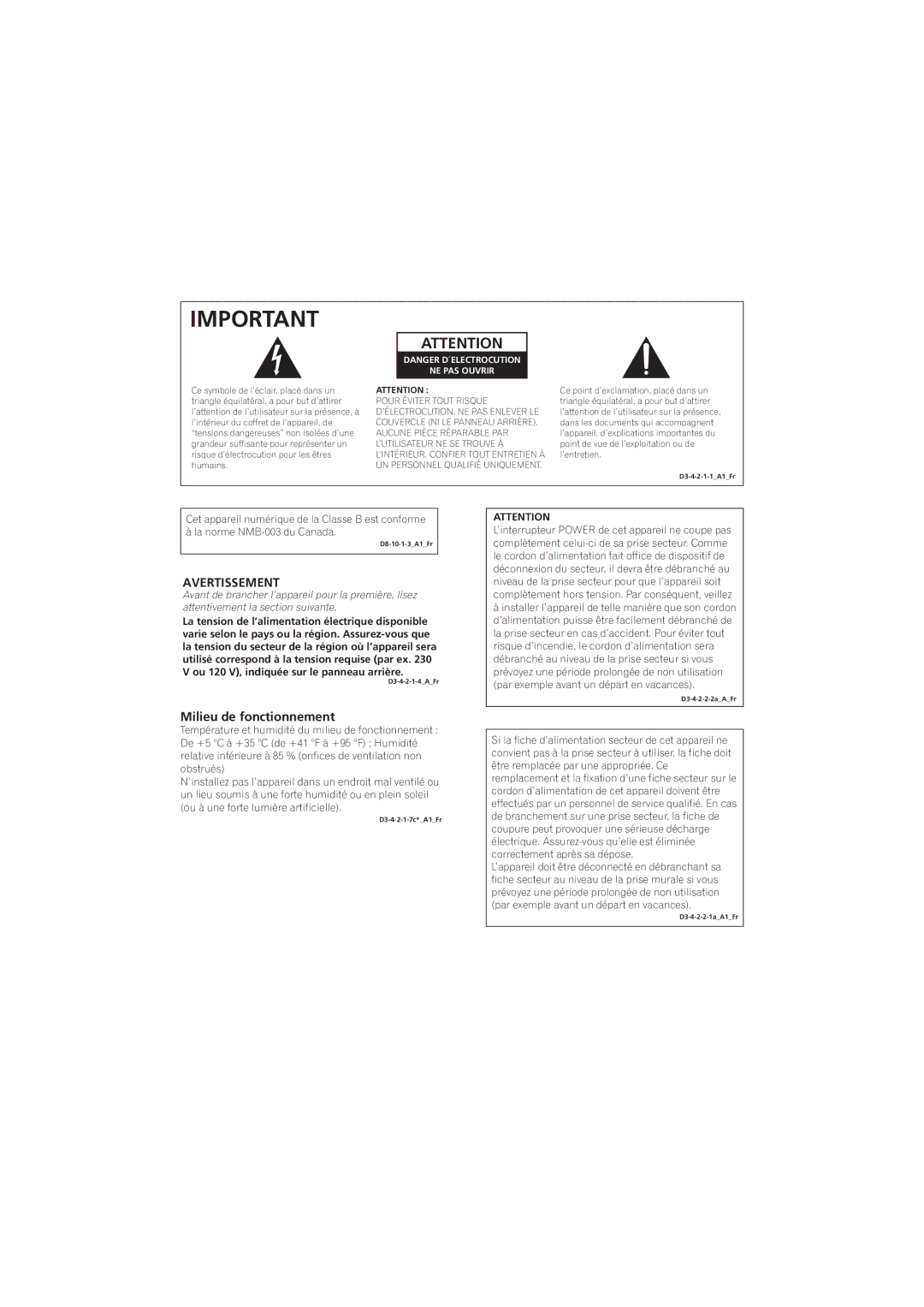 Pioneer SX-A6MK2-K operating instructions Avertissement, Milieu de fonctionnement 