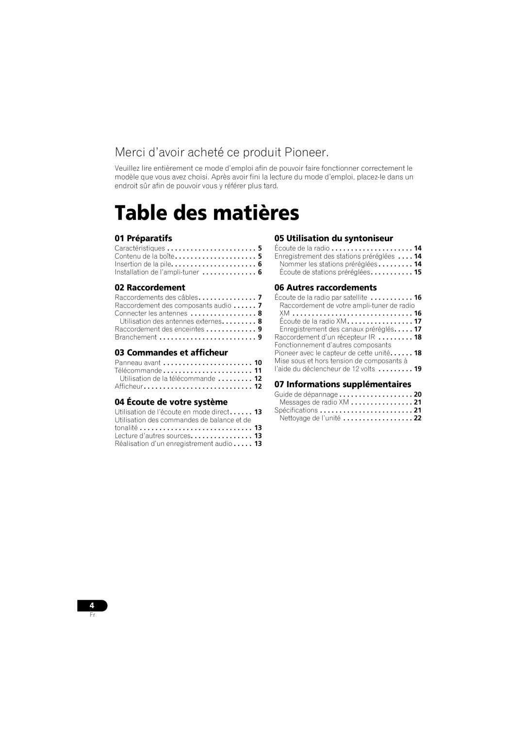 Pioneer SX-A6MK2-K operating instructions Table des matières 