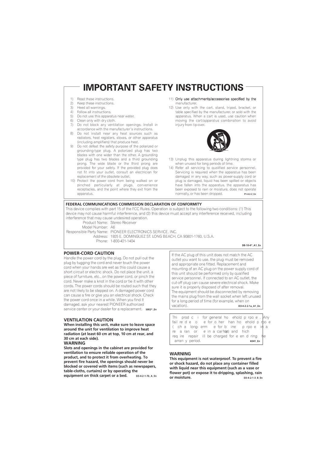 Pioneer SX-A6MK2-K operating instructions POWER-CORD Caution, Ventilation Caution,  