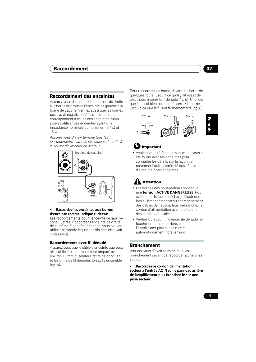 Pioneer SX-A6MK2-K Raccordement Raccordement des enceintes, Branchement, Raccordements avec fil dénudé 