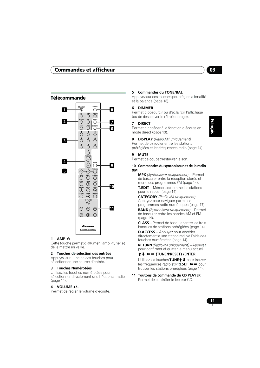 Pioneer SX-A6MK2-K operating instructions Commandes et afficheur Télécommande, Mute,   Tune/Preset /Enter 