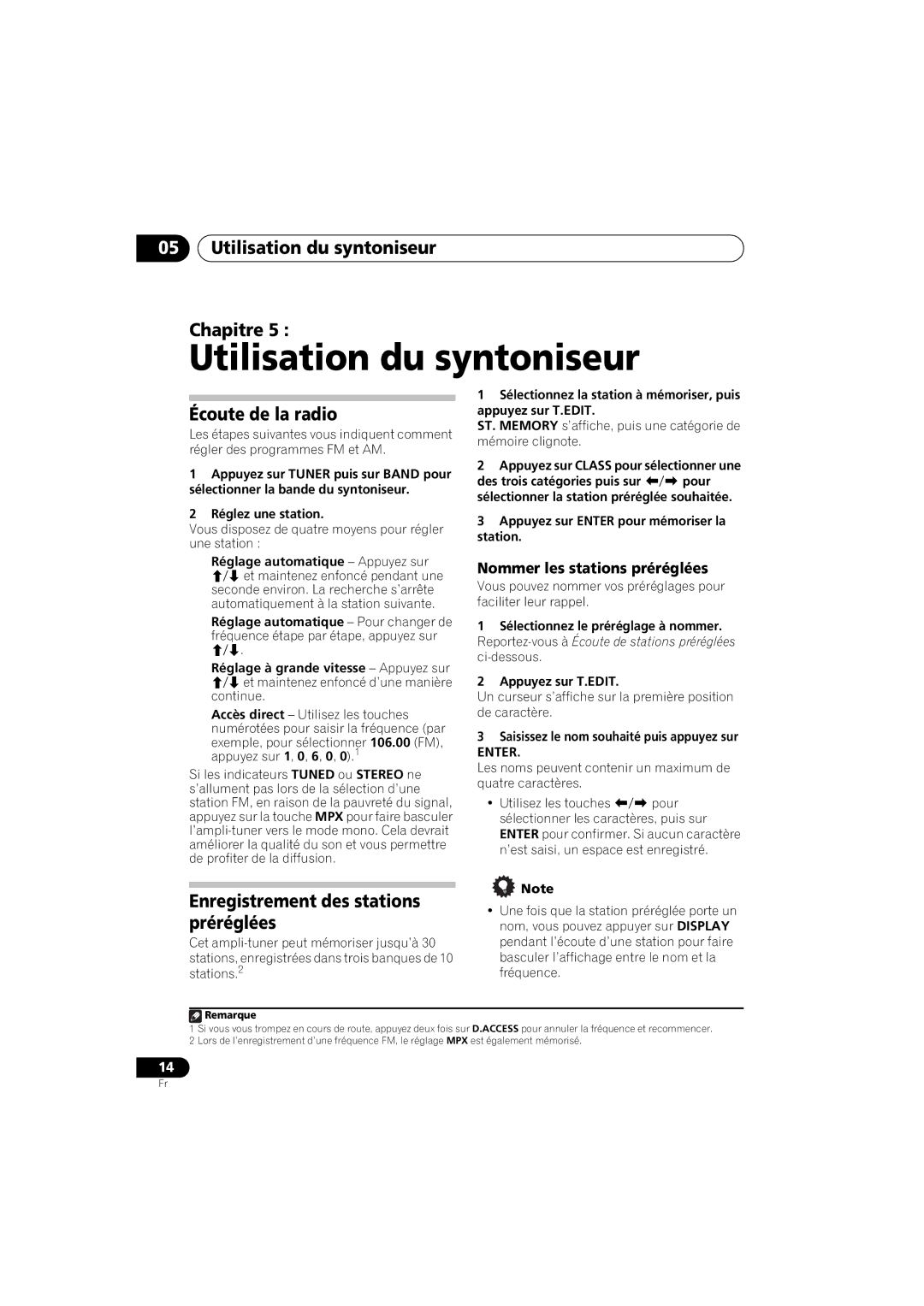 Pioneer SX-A6MK2-K Utilisation du syntoniseur Chapitre, Écoute de la radio, Enregistrement des stations préréglées 