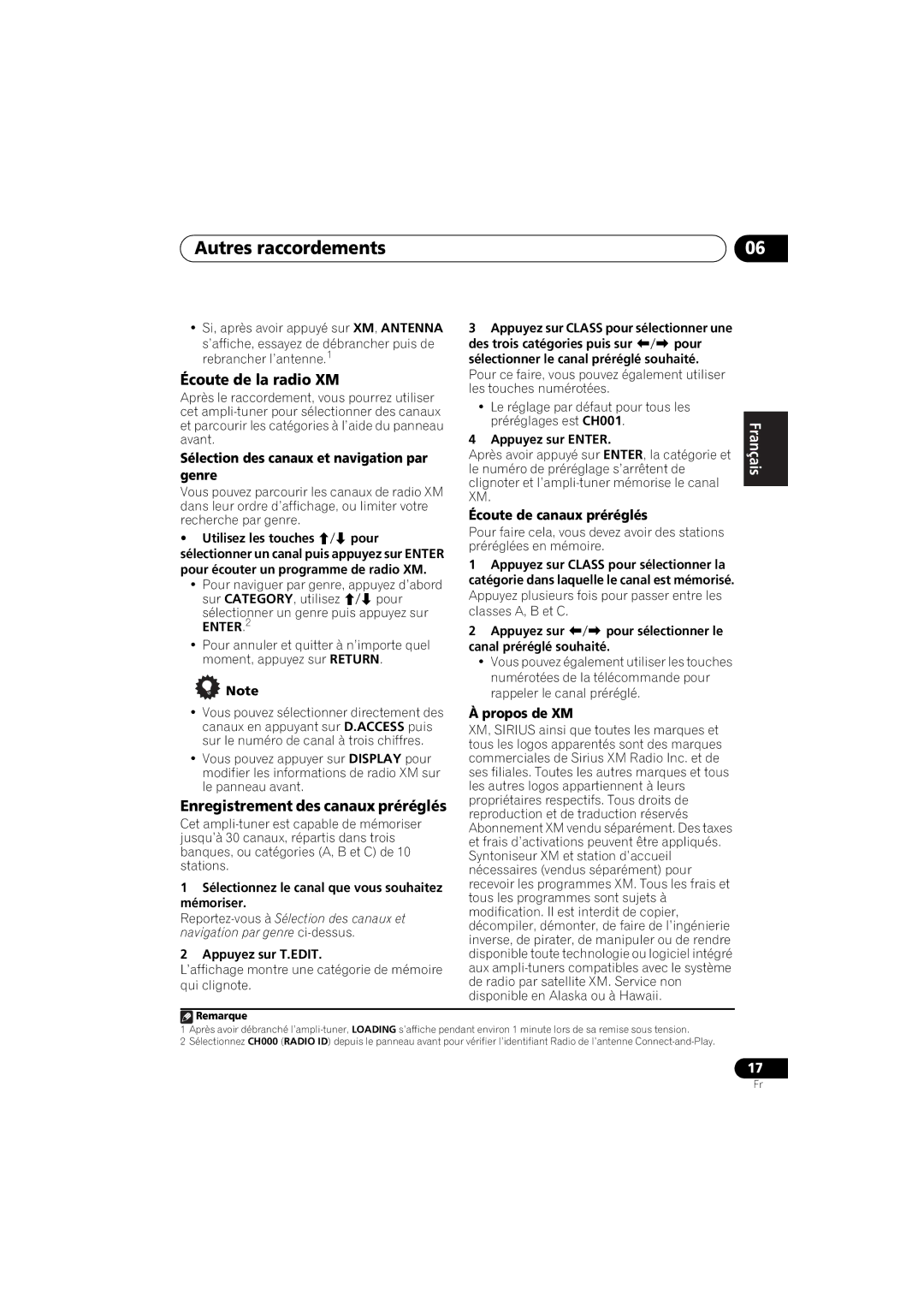 Pioneer SX-A6MK2-K operating instructions Autres raccordements, Écoute de la radio XM, Enregistrement des canaux préréglés 