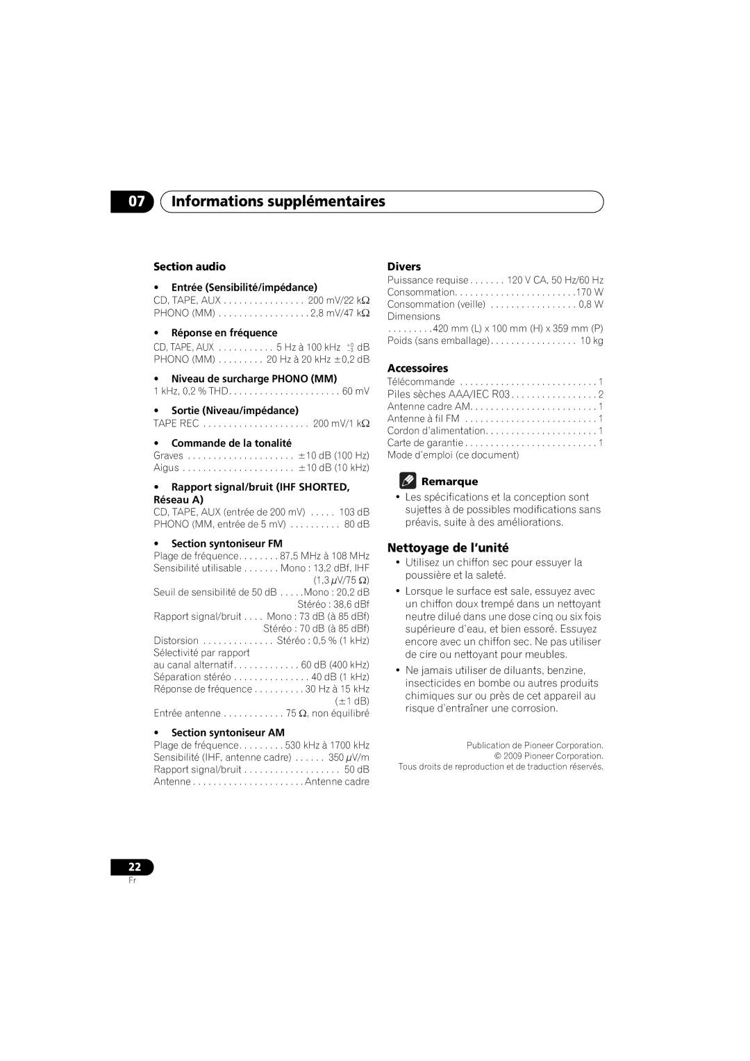 Pioneer SX-A6MK2-K operating instructions Nettoyage de l’unité, Section audio, Divers, Accessoires 