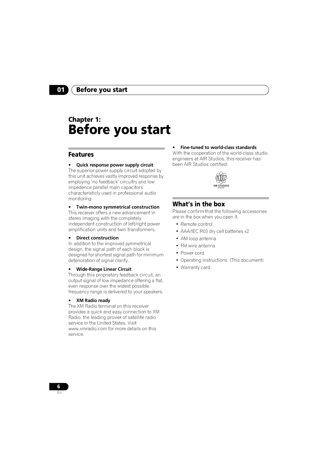 Pioneer SX-A6MK2-K operating instructions Before you start Chapter, Features, What’s in the box 