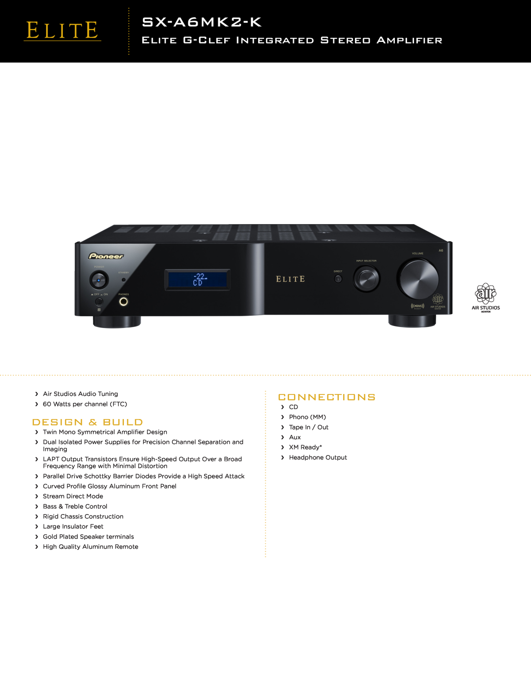 Pioneer SX-A6MK2-K manual Elite G-Clefintegrated Stereo Amplifier, Design & Build, Connections 